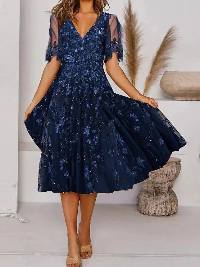 Navy Blue Floral Ruched V-Neck Midi Dress - Women's S-3XL