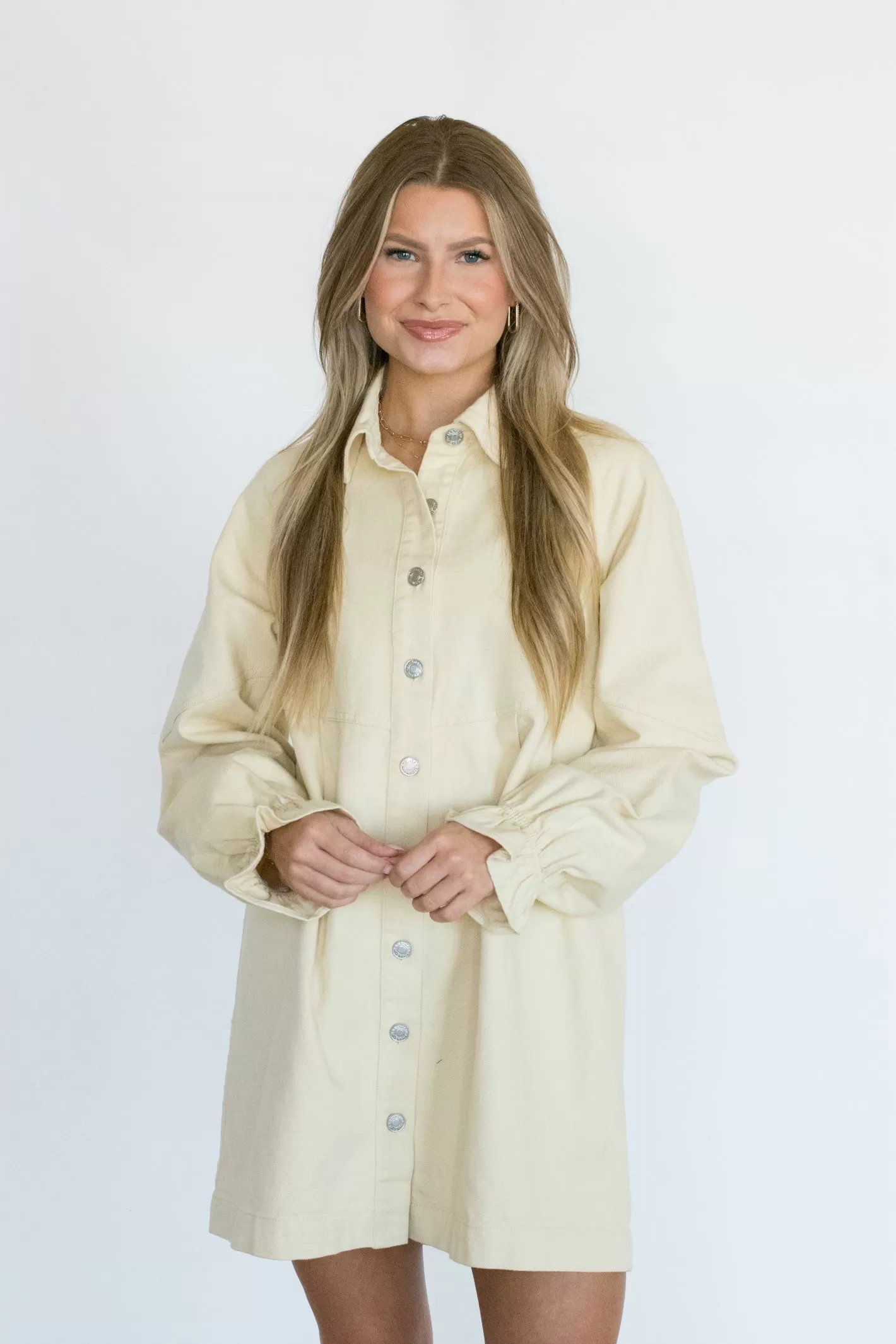 Need a Favor Cream Button Up Denim Dress