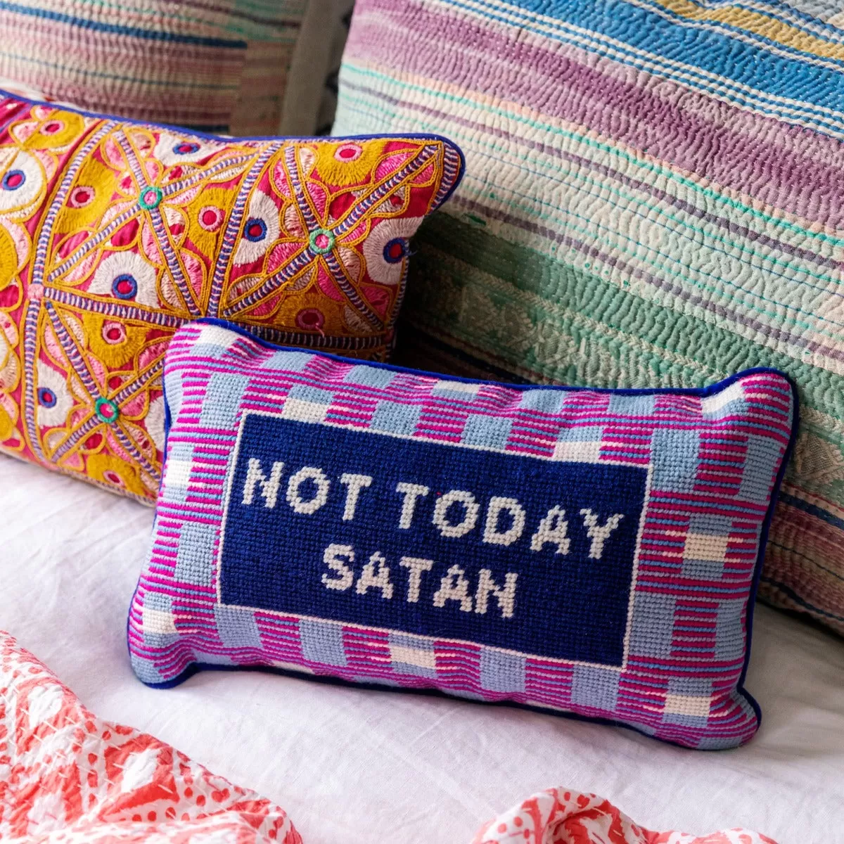 Not Today Satan Needlepoint Pillow