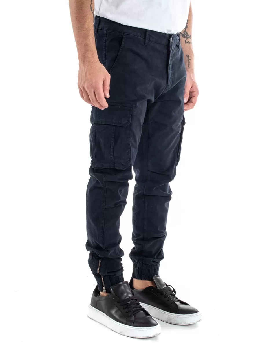 Pantaloni Uomo Cargo Con Zip Tasconi Casual Basic Blu GIOSAL-P5576A