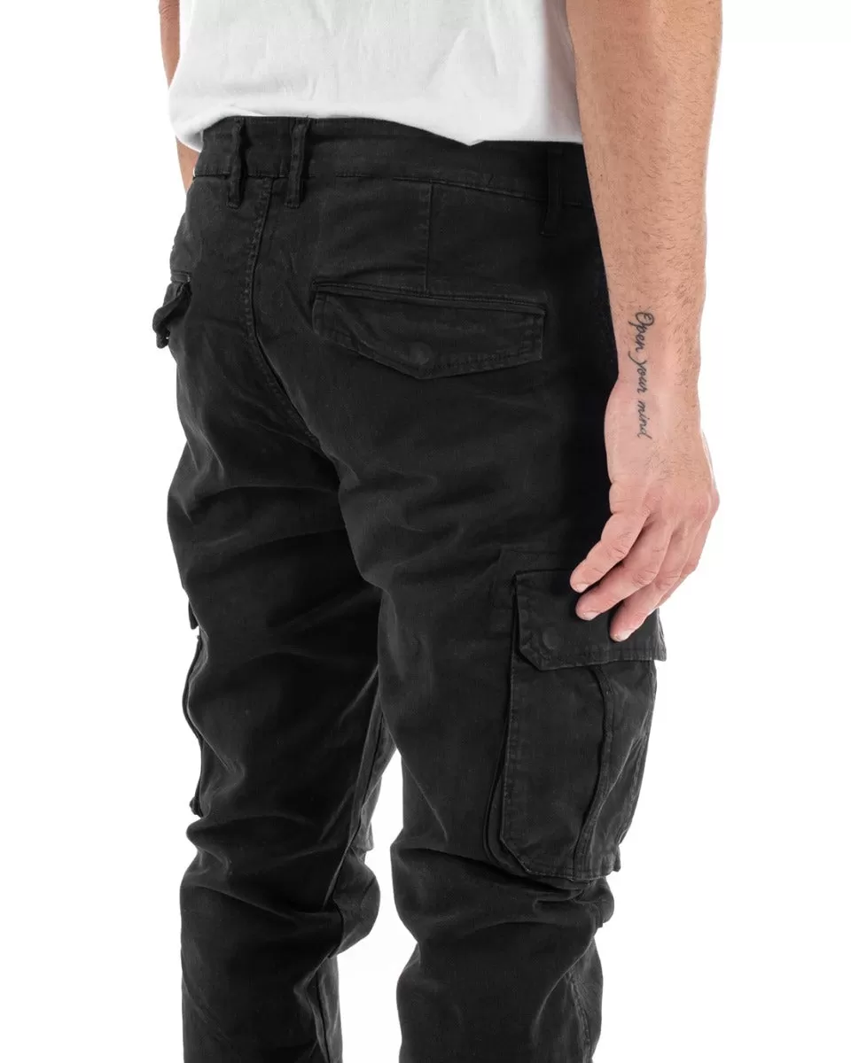 Pantaloni Uomo Cargo Con Zip Tasconi Casual Basic Nero GIOSAL-P5579A