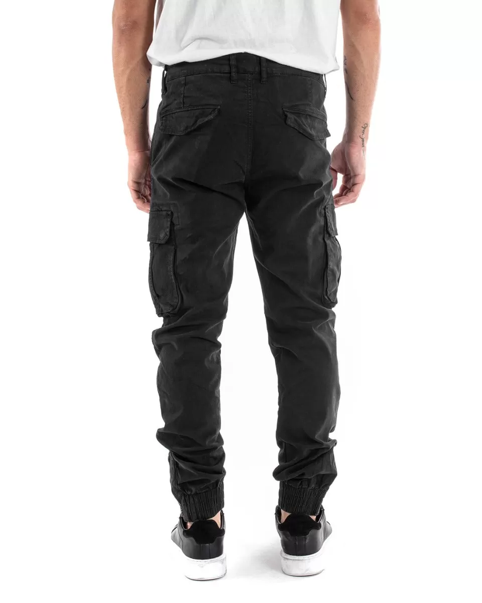 Pantaloni Uomo Cargo Con Zip Tasconi Casual Basic Nero GIOSAL-P5579A