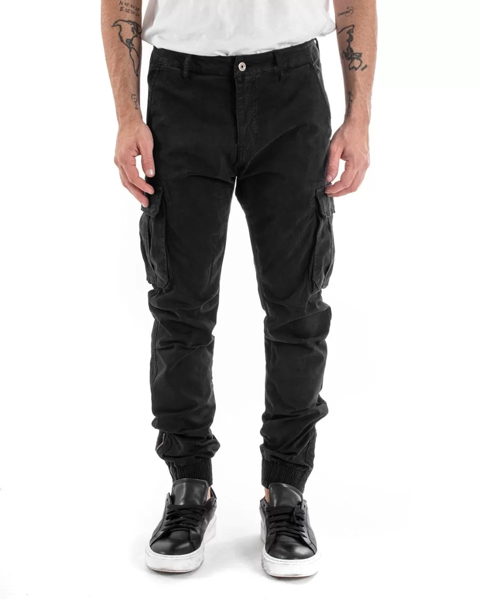 Pantaloni Uomo Cargo Con Zip Tasconi Casual Basic Nero GIOSAL-P5579A