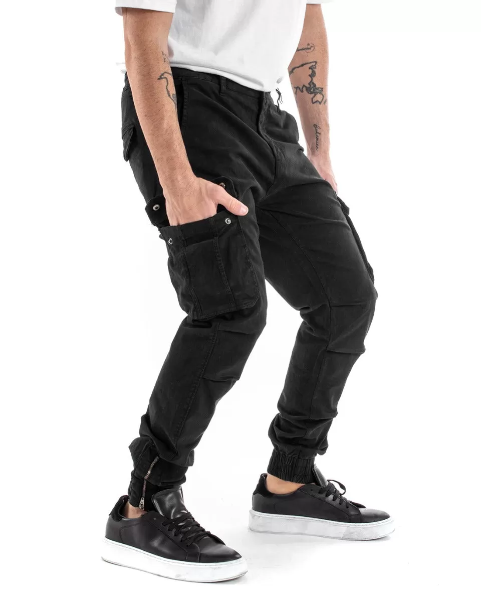 Pantaloni Uomo Cargo Con Zip Tasconi Casual Basic Nero GIOSAL-P5579A