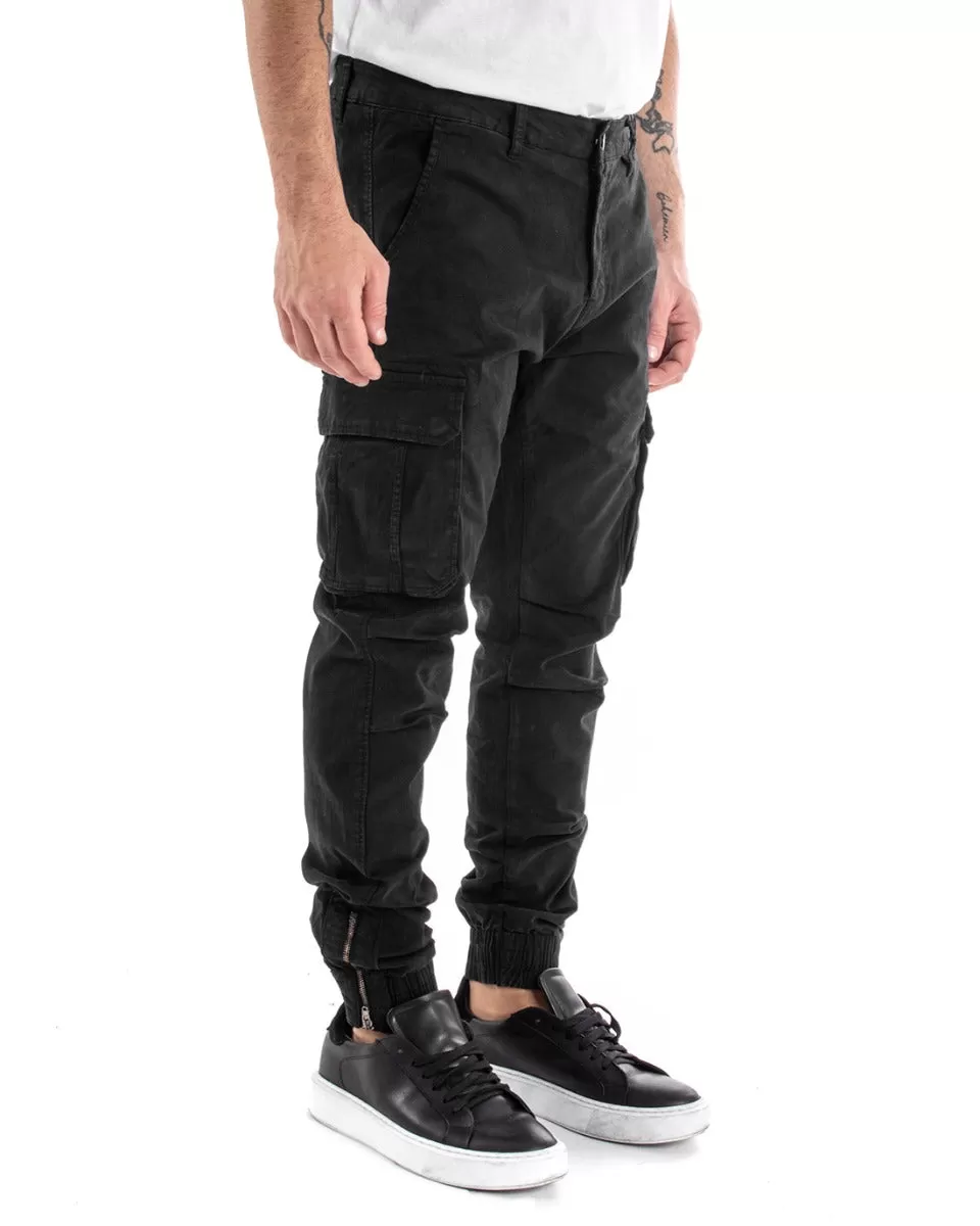 Pantaloni Uomo Cargo Con Zip Tasconi Casual Basic Nero GIOSAL-P5579A