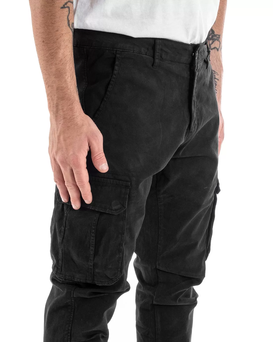 Pantaloni Uomo Cargo Con Zip Tasconi Casual Basic Nero GIOSAL-P5579A