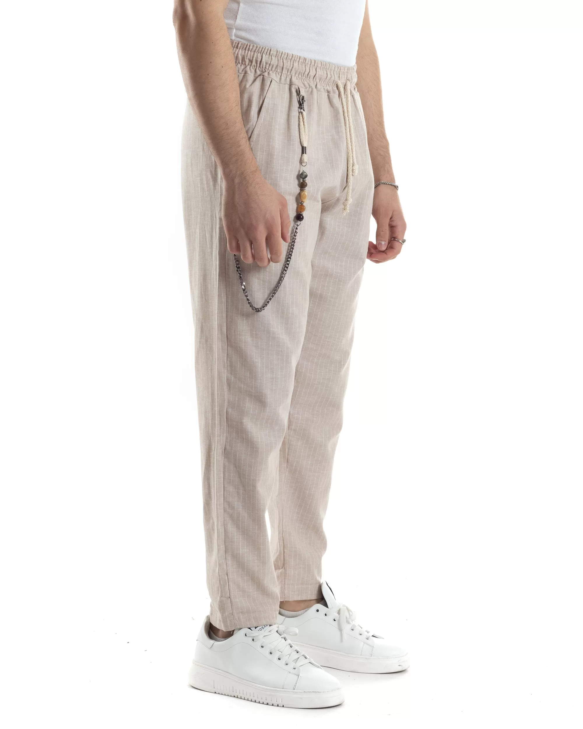 Pantaloni Uomo Pantalaccio Lino Jogger Elastico Sartoriale Casual Rigato Riga Sottile Beige GIOSAL-P6073A