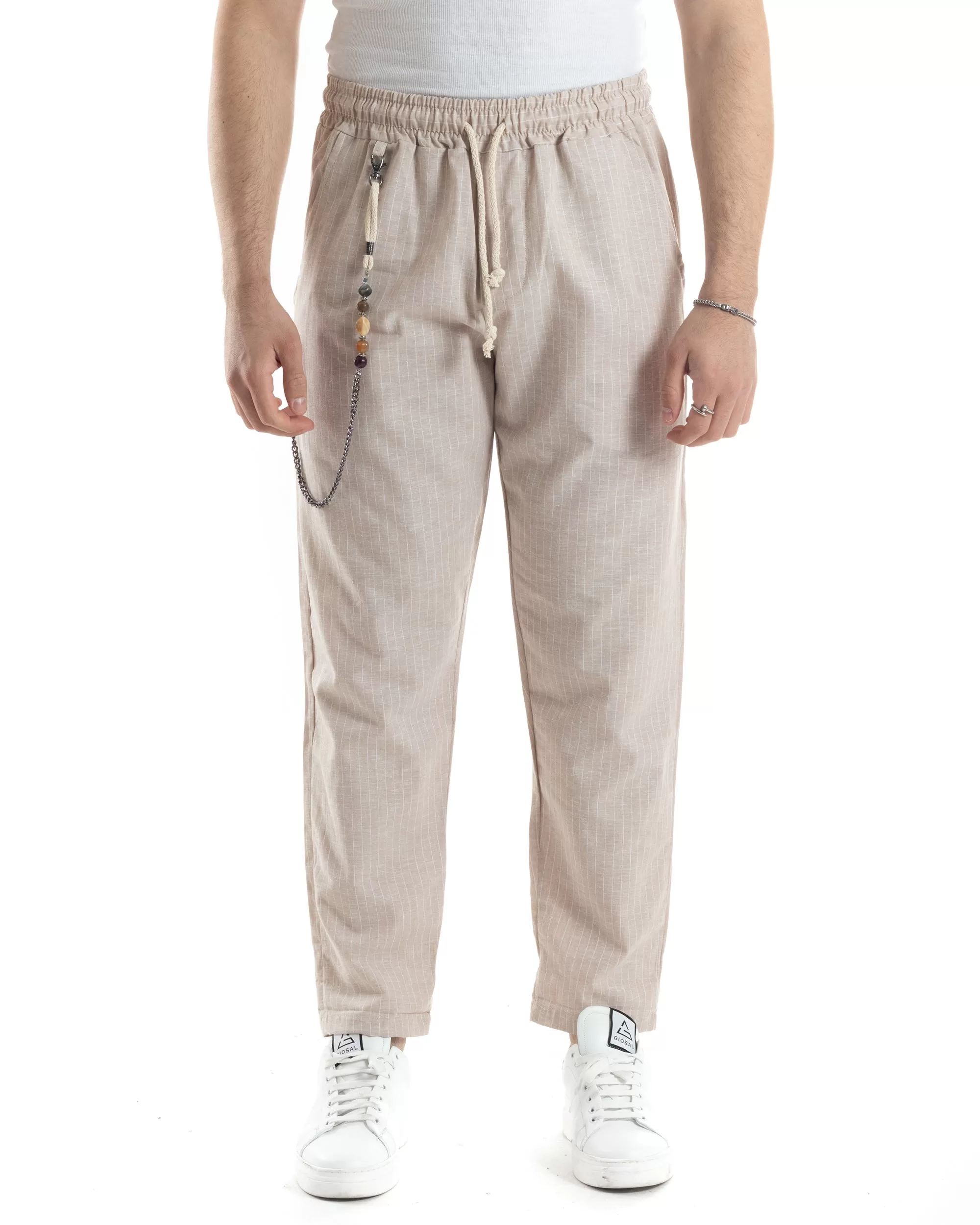 Pantaloni Uomo Pantalaccio Lino Jogger Elastico Sartoriale Casual Rigato Riga Sottile Beige GIOSAL-P6073A