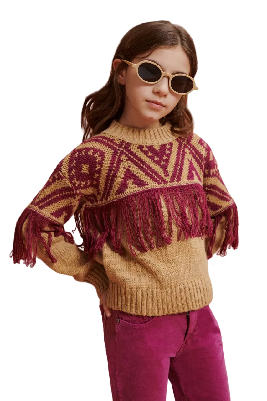 Please Girl's geometric pattern sweater with applied fringes NB53230G55 1801 havana