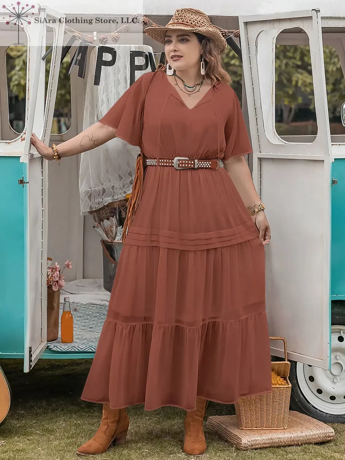 Plus Size  Midi Dress Flutter Sleeve