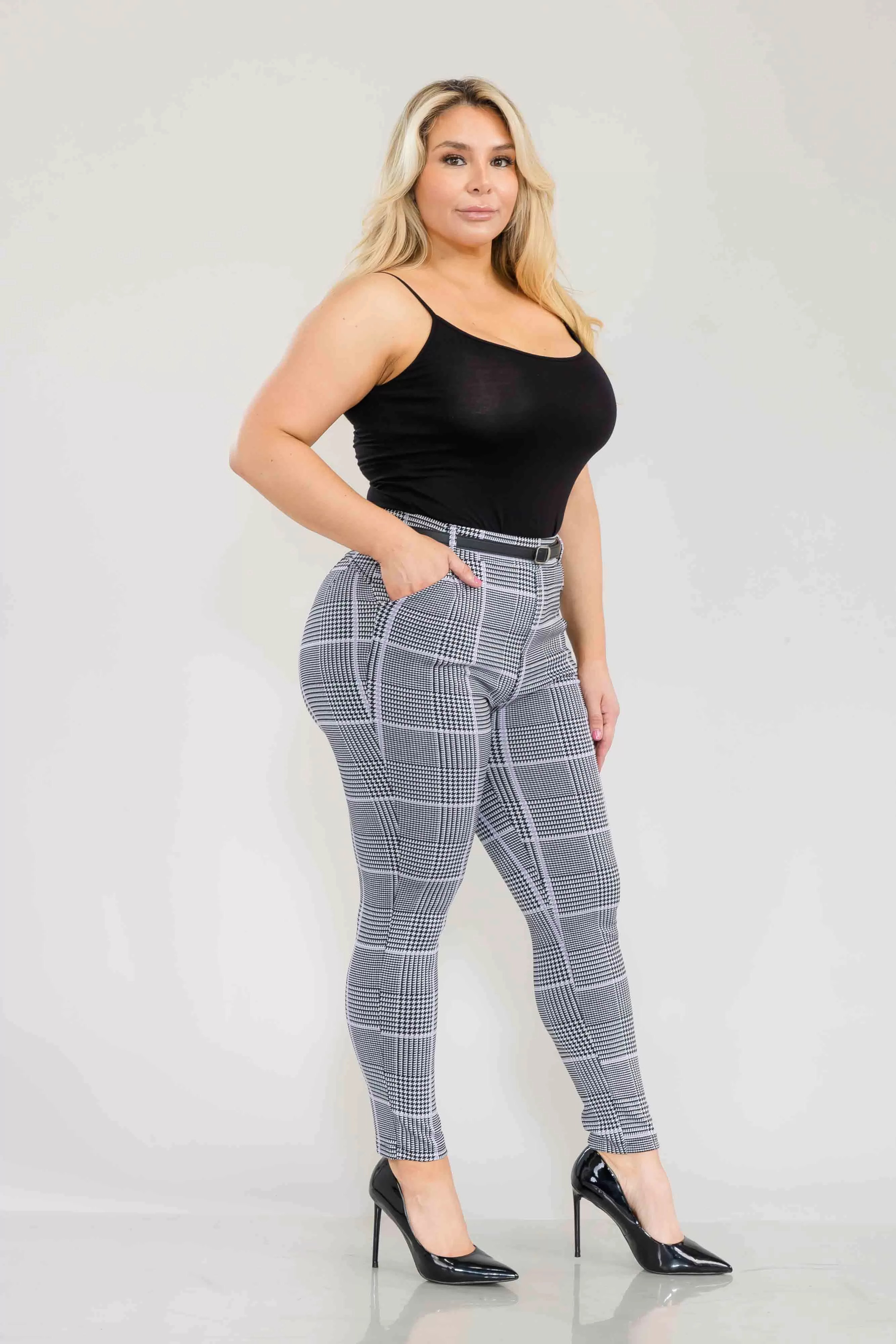 Plus Size Sculpting Treggings With Faux Leather Belt - Black, White, Mauve Plaid