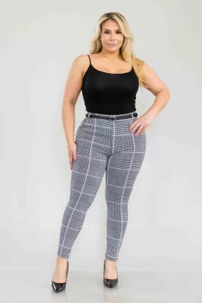 Plus Size Sculpting Treggings With Faux Leather Belt - Black, White, Mauve Plaid