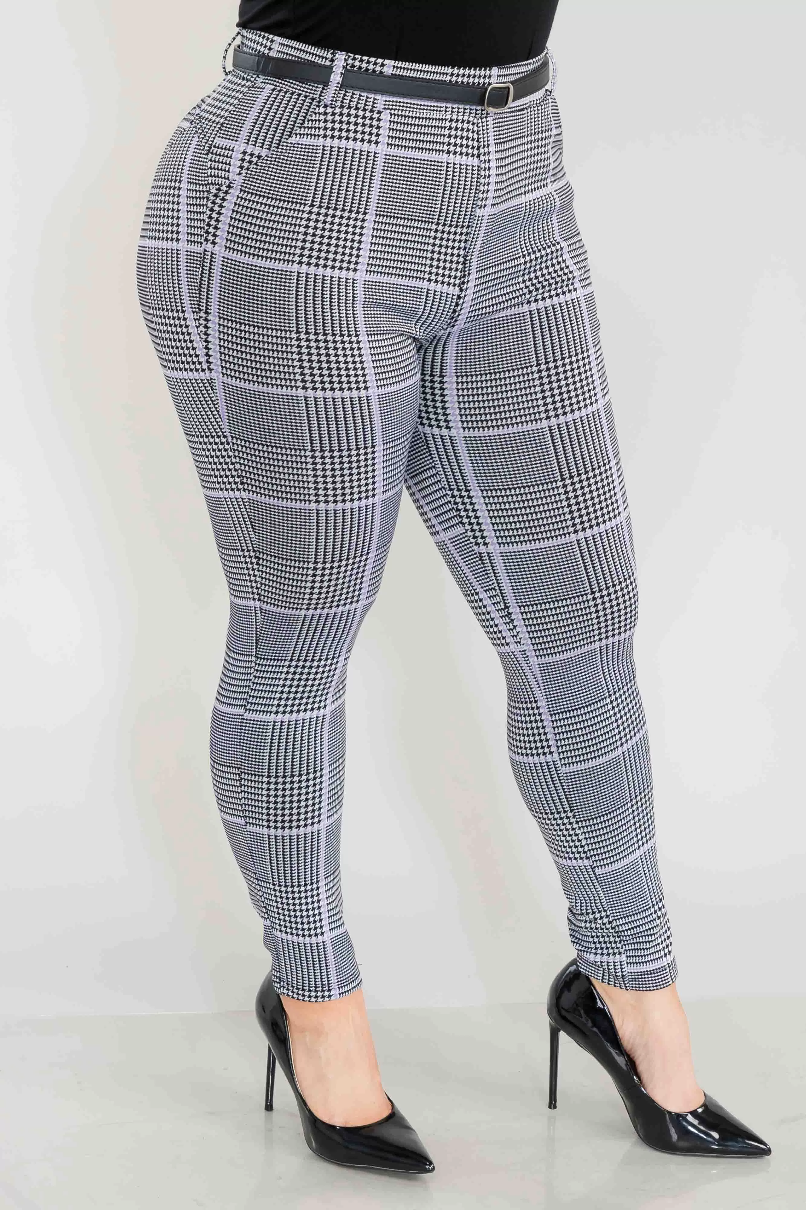 Plus Size Sculpting Treggings With Faux Leather Belt - Black, White, Mauve Plaid