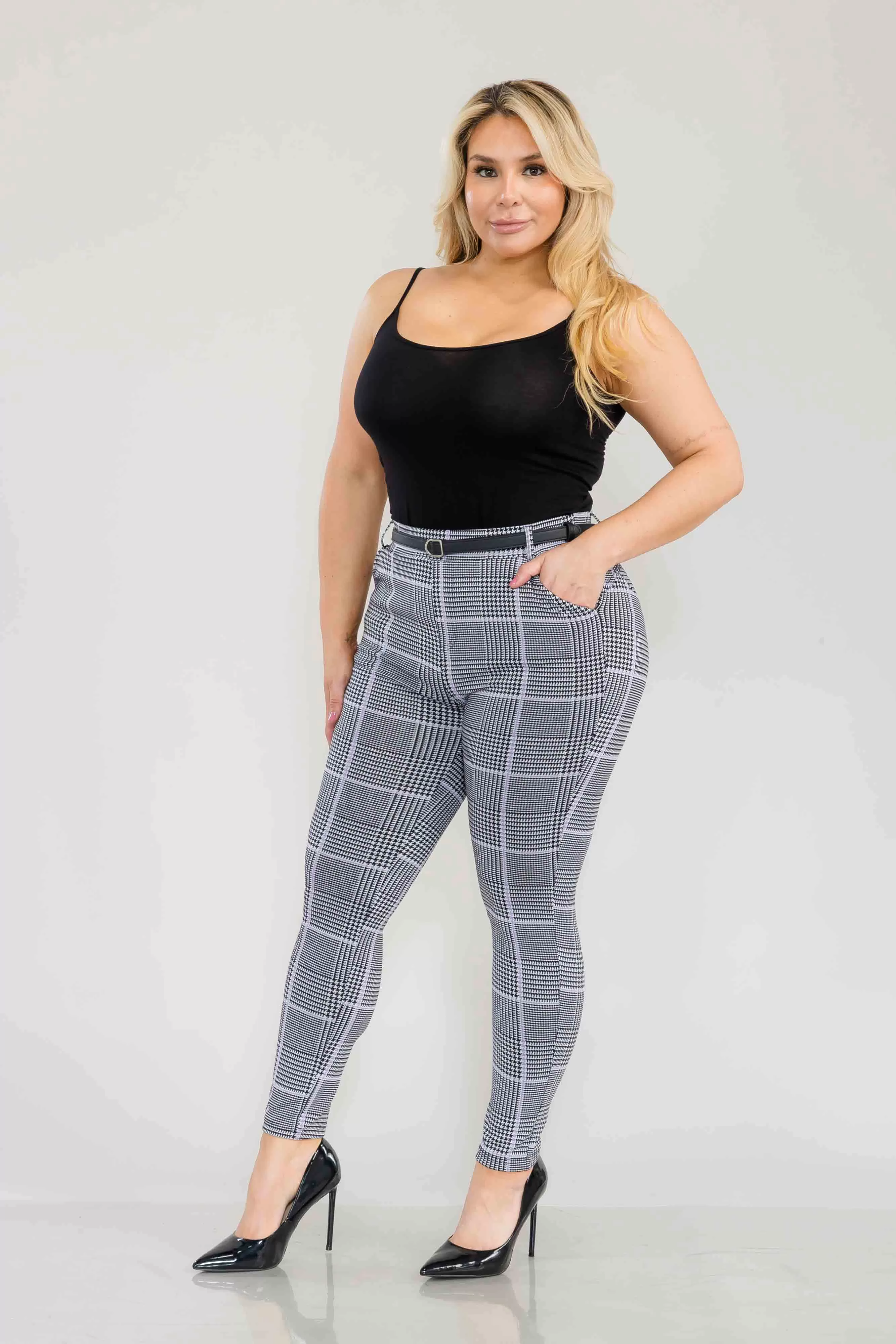 Plus Size Sculpting Treggings With Faux Leather Belt - Black, White, Mauve Plaid