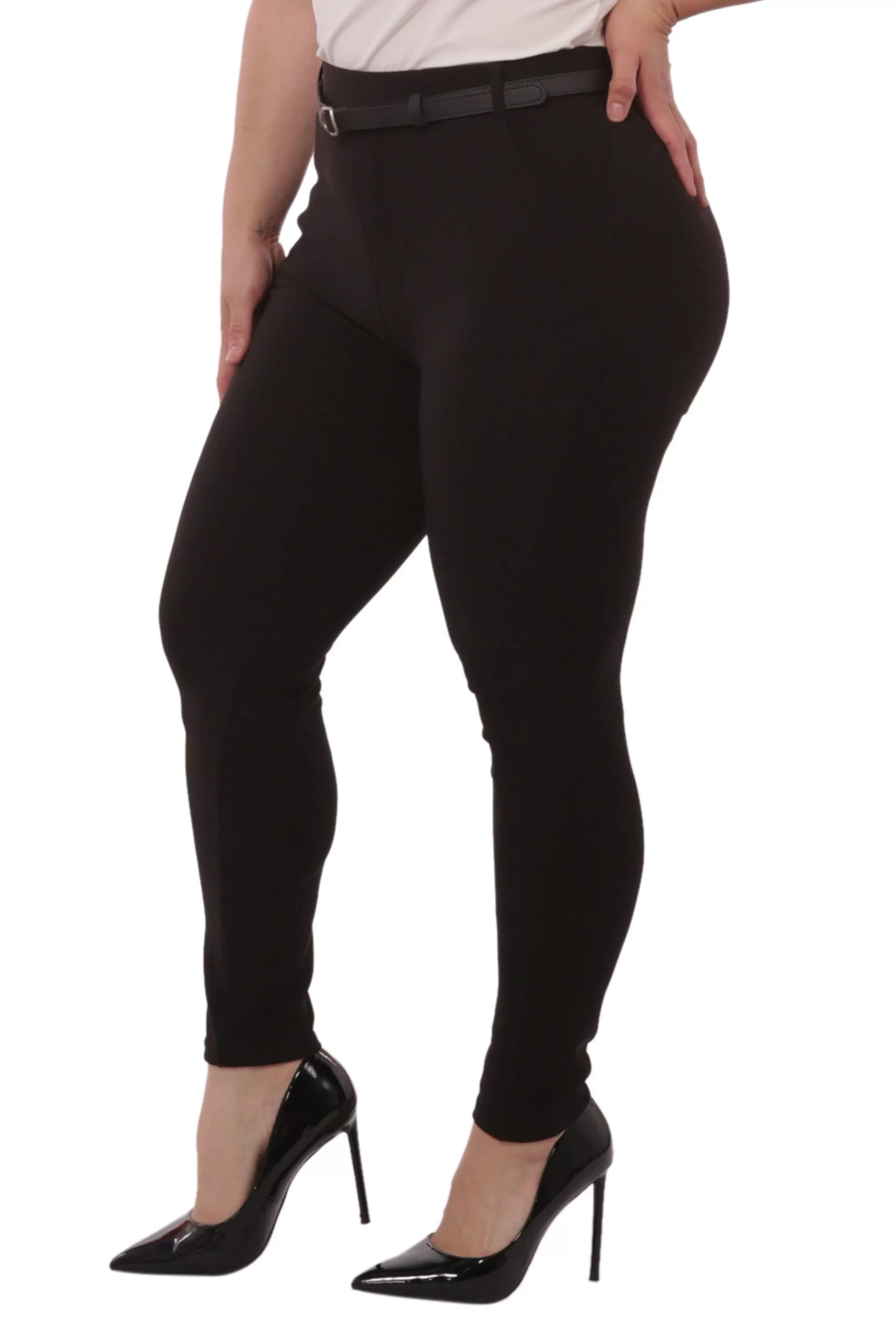 Plus Size Sculpting Treggings With Faux Leather Belt - Black