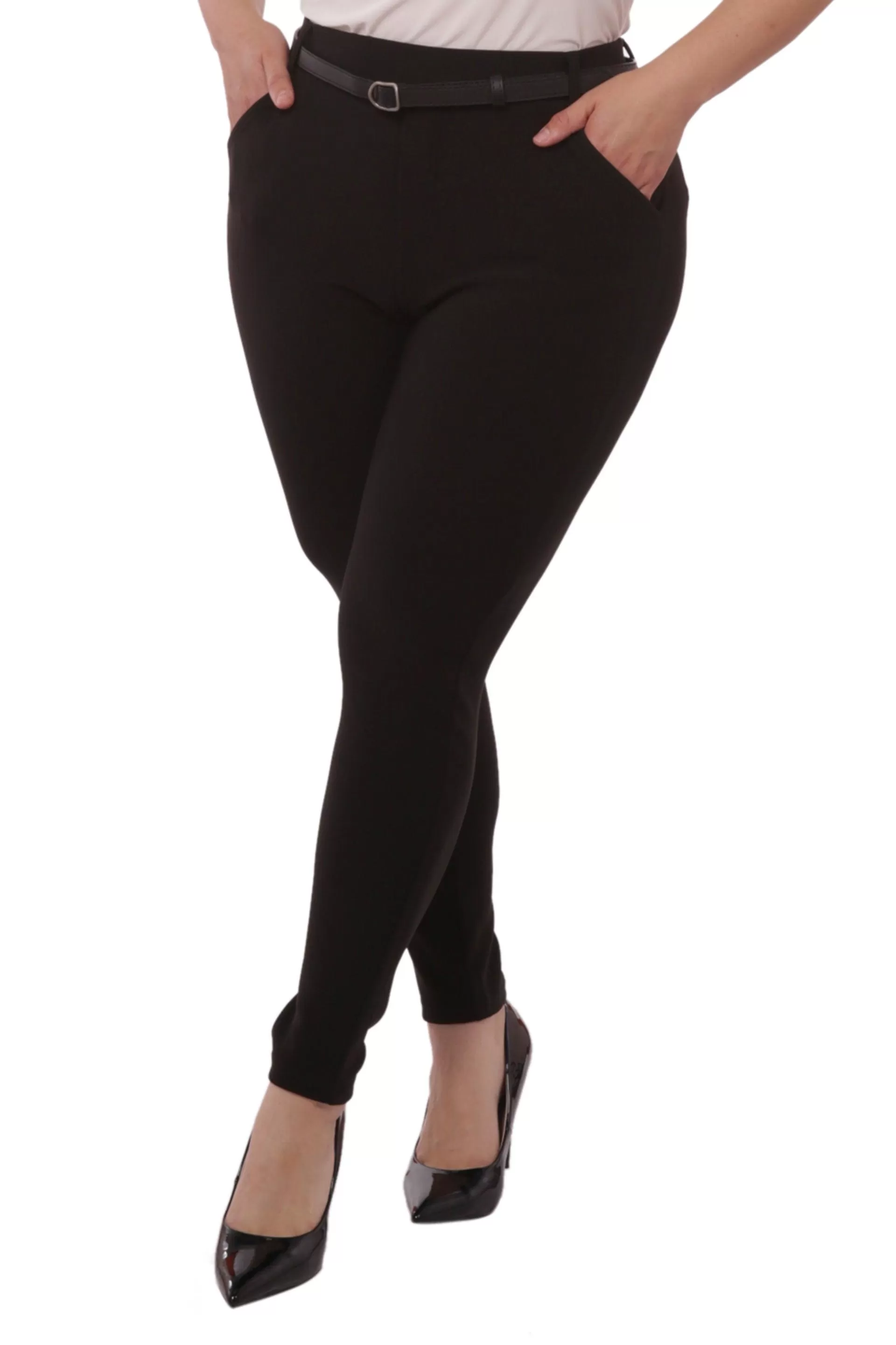 Plus Size Sculpting Treggings With Faux Leather Belt - Black