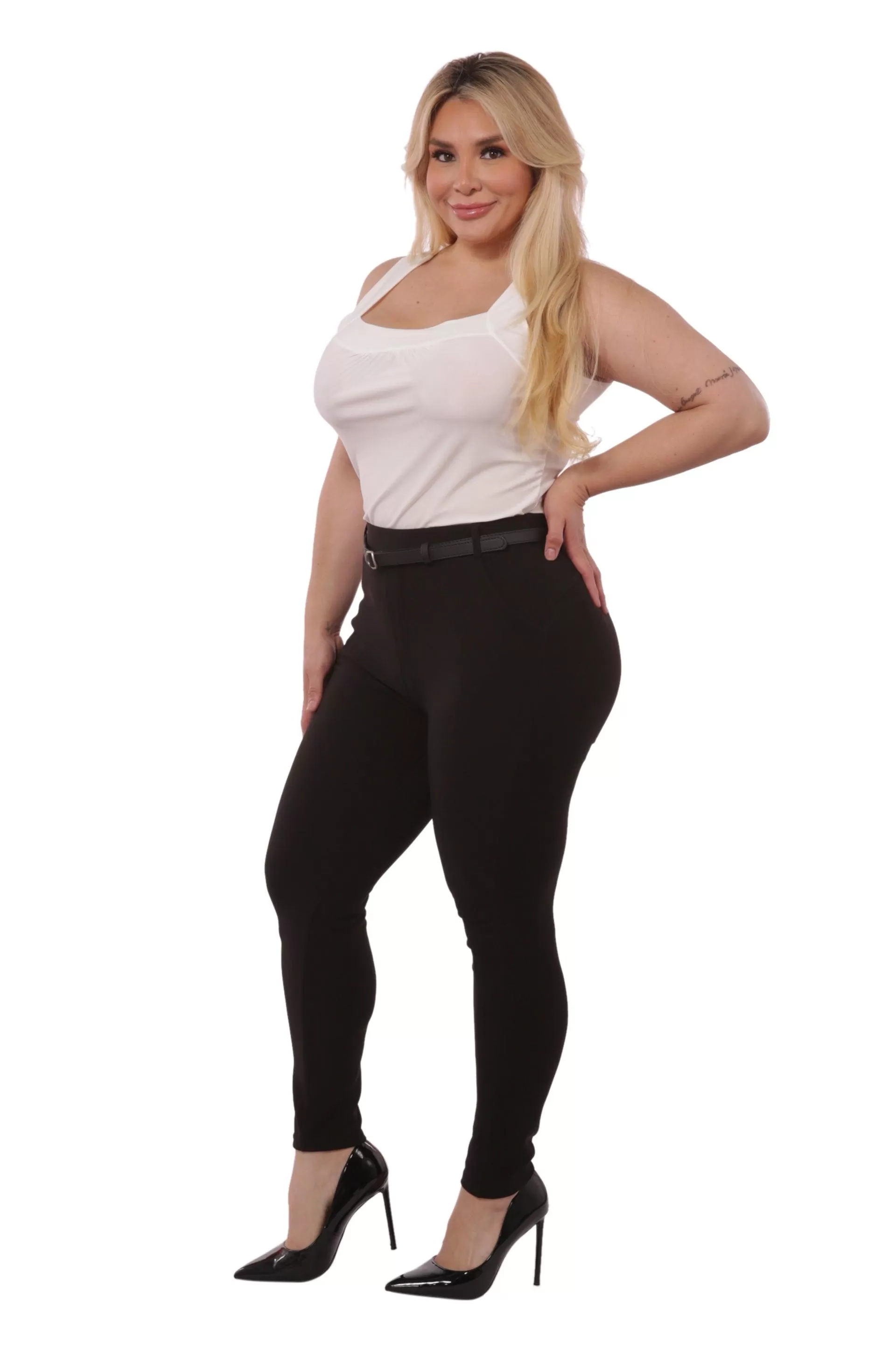 Plus Size Sculpting Treggings With Faux Leather Belt - Black