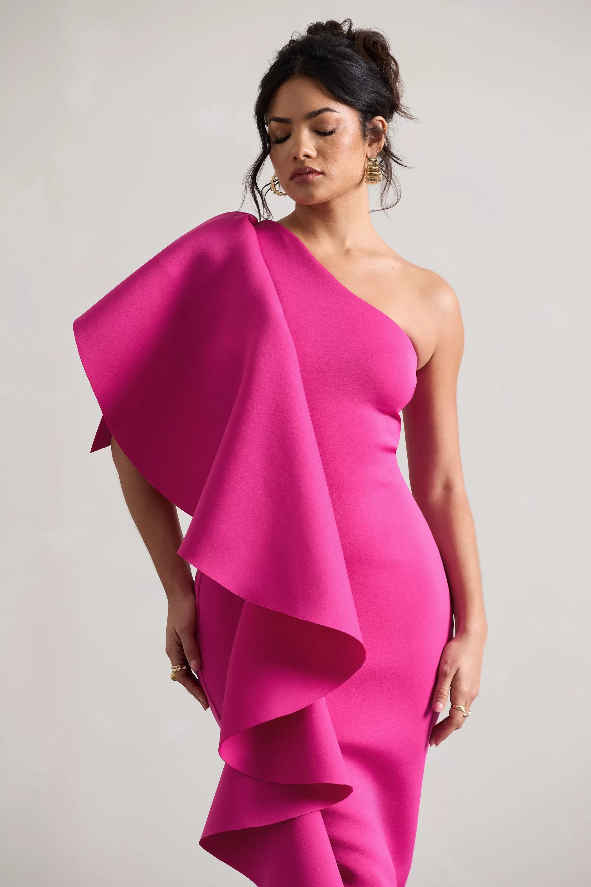 Polo | Dark Pink One Shoulder Bodycon Midi Dress With Ruffle