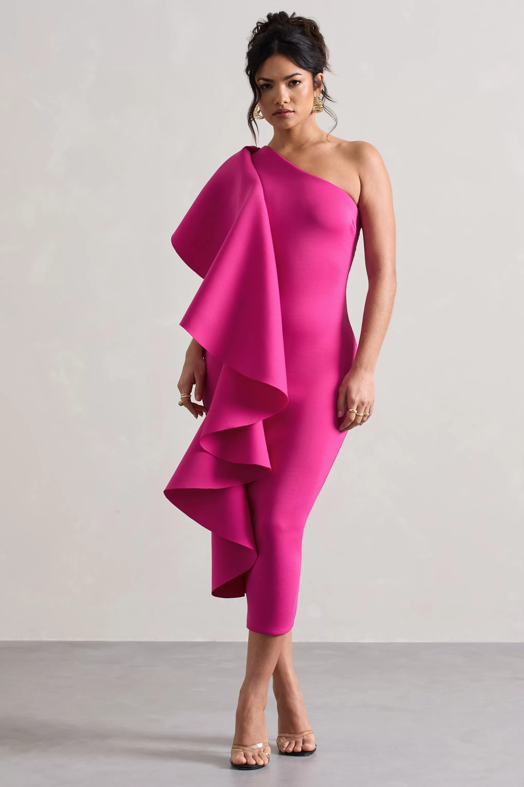 Polo | Dark Pink One Shoulder Bodycon Midi Dress With Ruffle