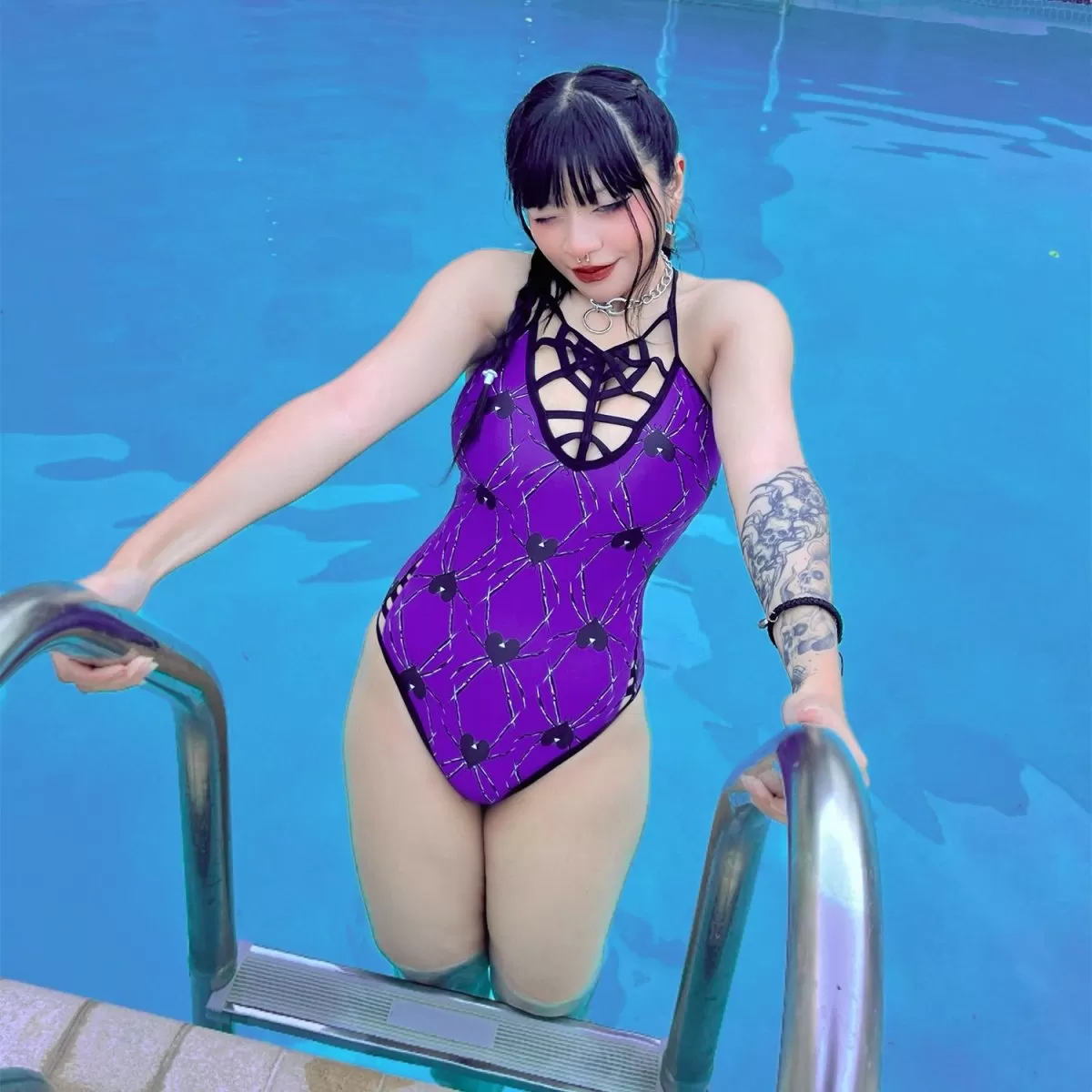 Purple Spider Hearts One Piece Swimsuit