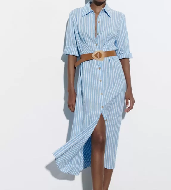 Rebecca Striped Button Down Sleeve Dress