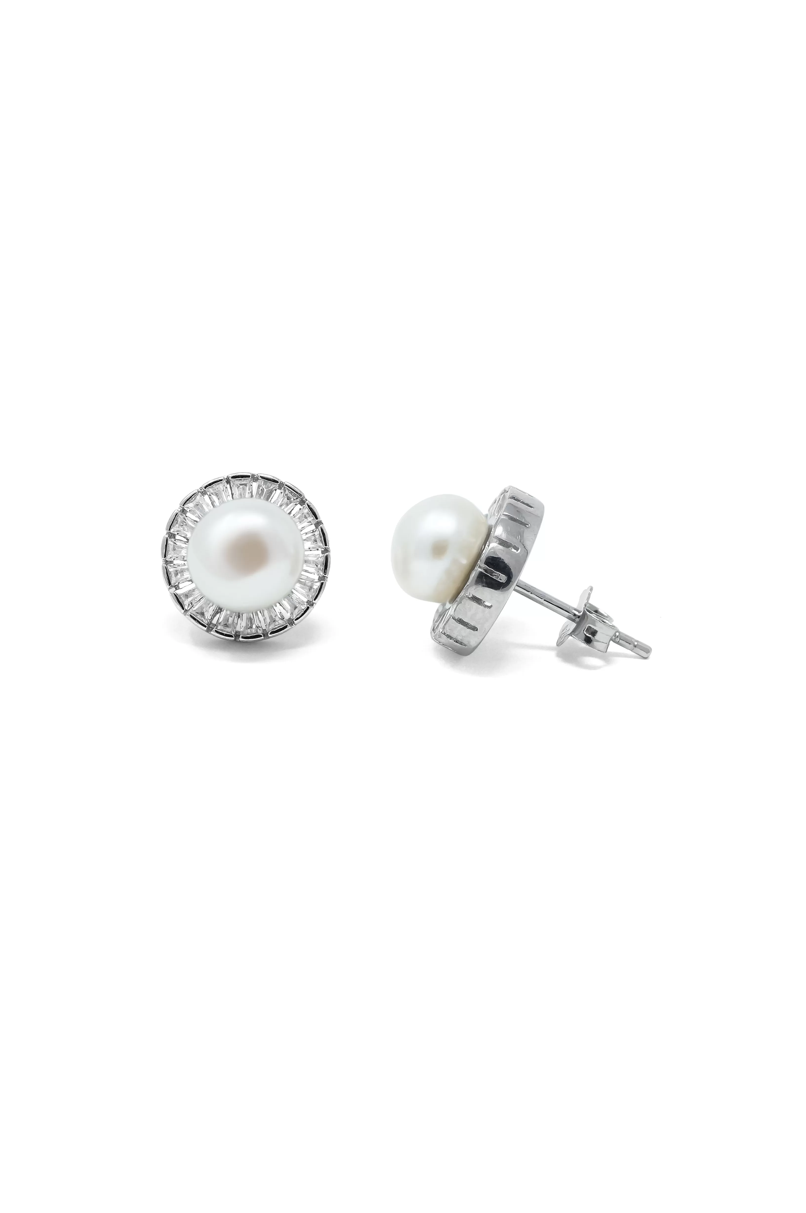 Royal Pearl Baguette Statement Sterling Silver Stud Earrings