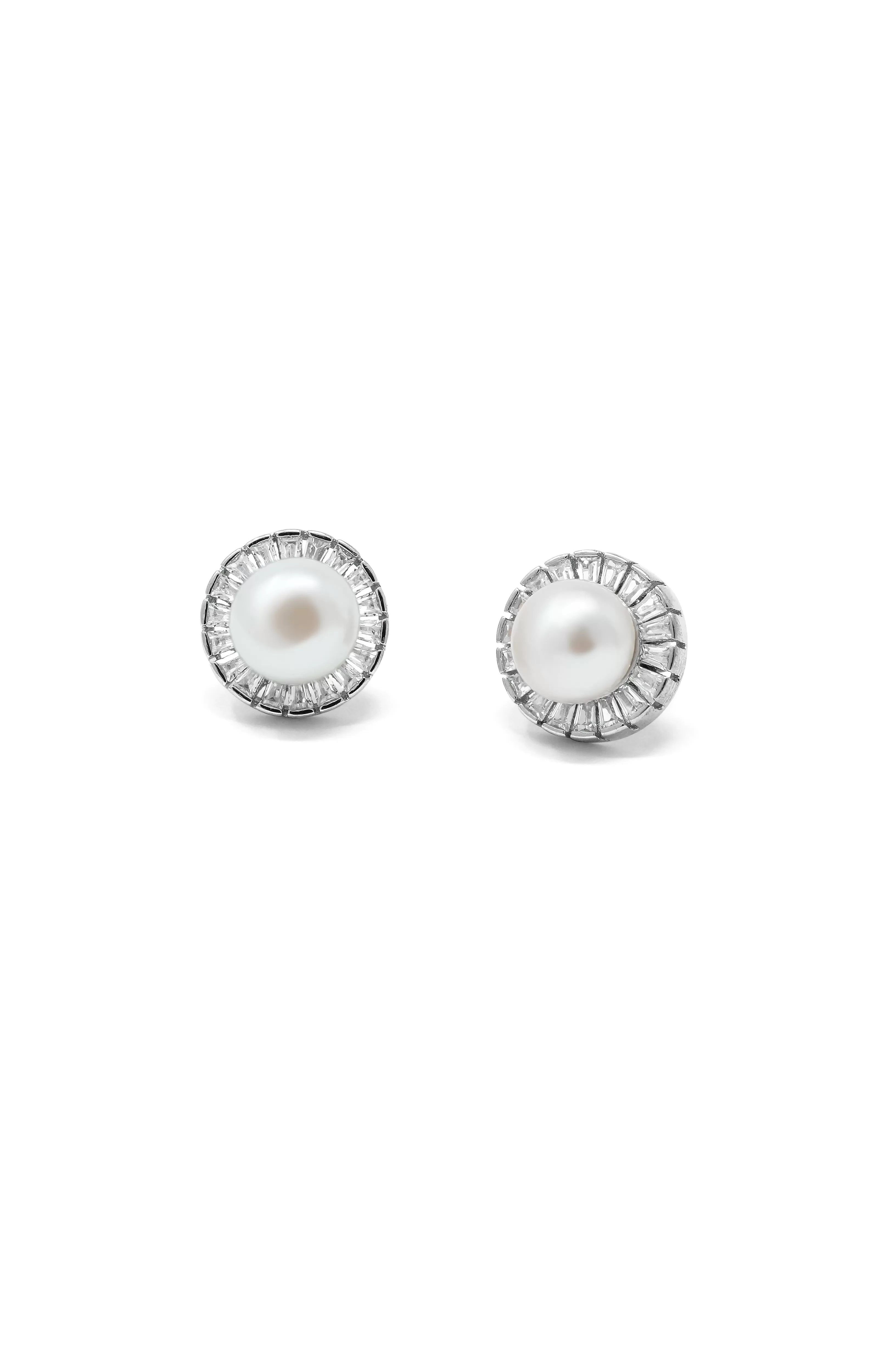 Royal Pearl Baguette Statement Sterling Silver Stud Earrings