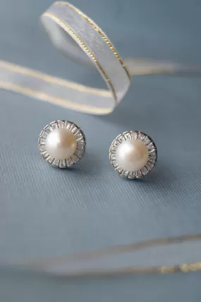 Royal Pearl Baguette Statement Sterling Silver Stud Earrings