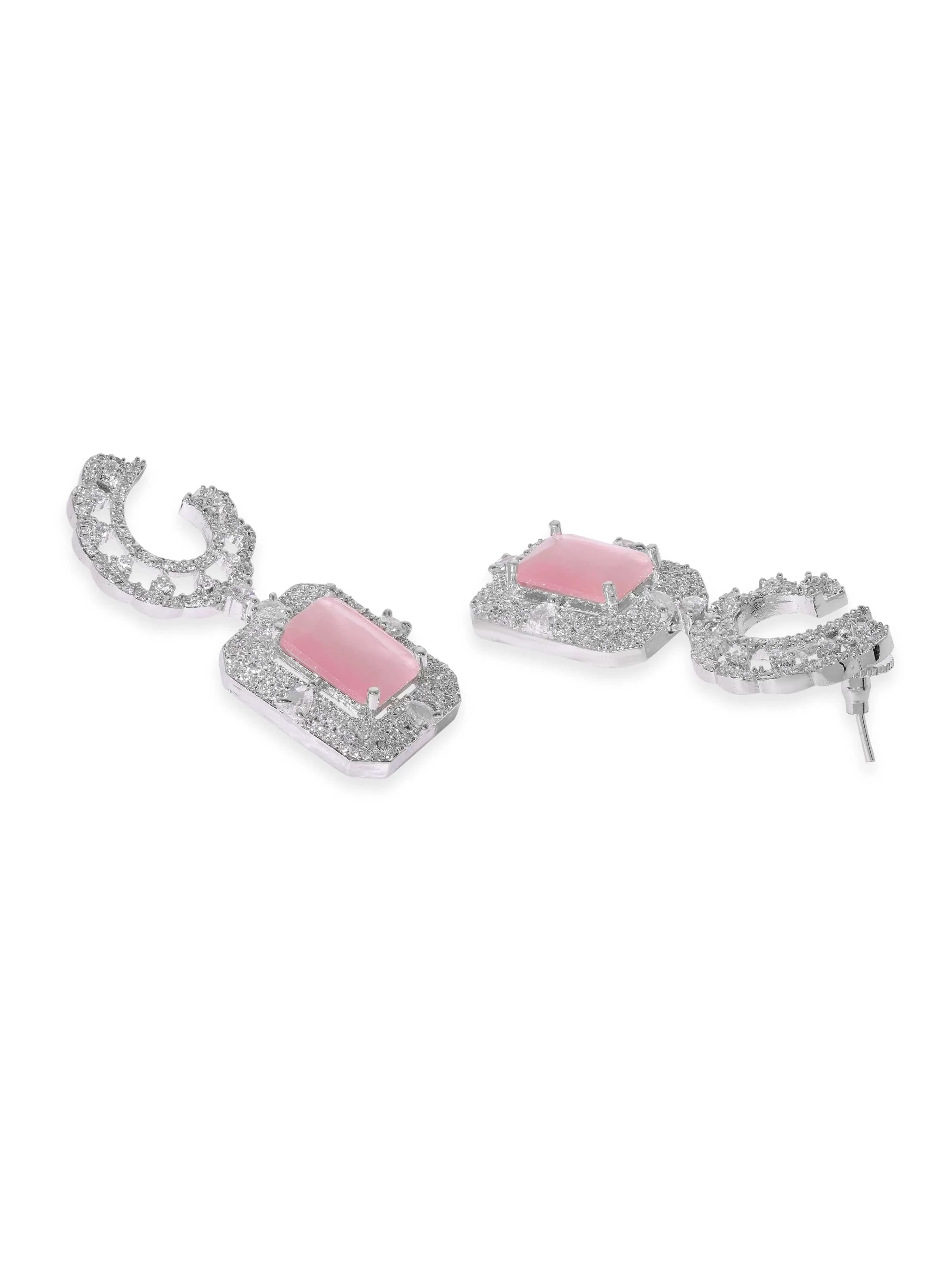 Rubans Rhodium plated Pink Zirconia Contemprory Dangle earrings