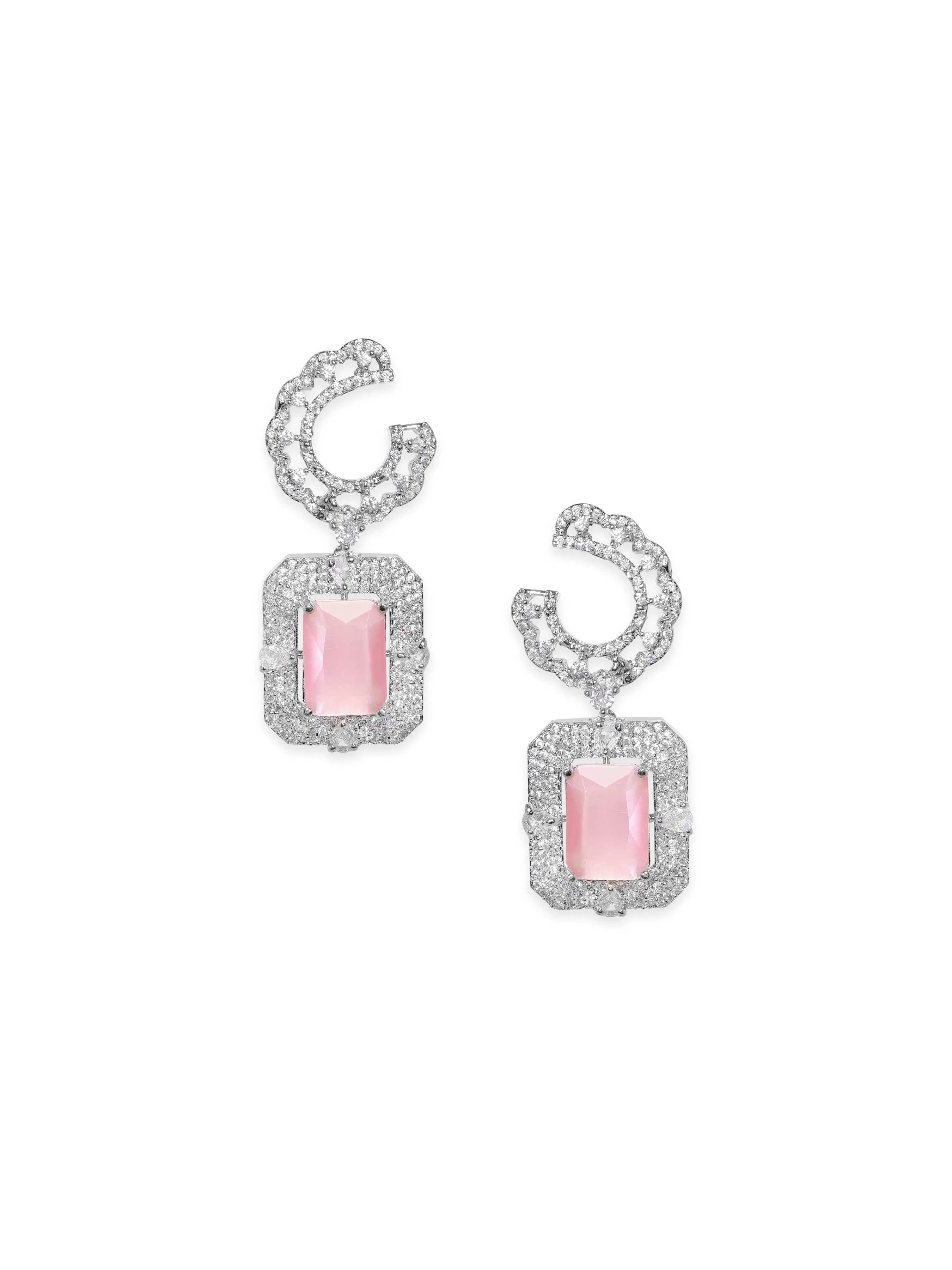 Rubans Rhodium plated Pink Zirconia Contemprory Dangle earrings