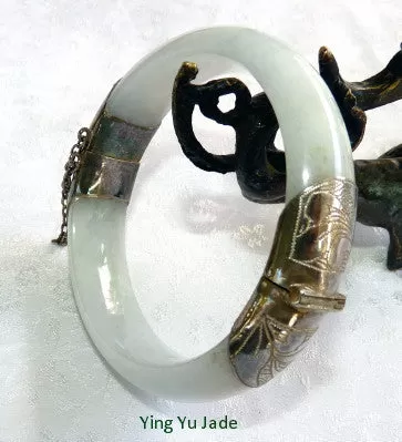 Sale-Yin Pale Green Almost White Burmese Jadeite Bangle Bracelet with Hinge 54 mm (TI1320)