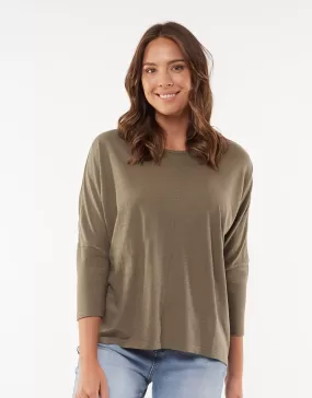 Sara Crop Rib Long Sleeve Khaki Top