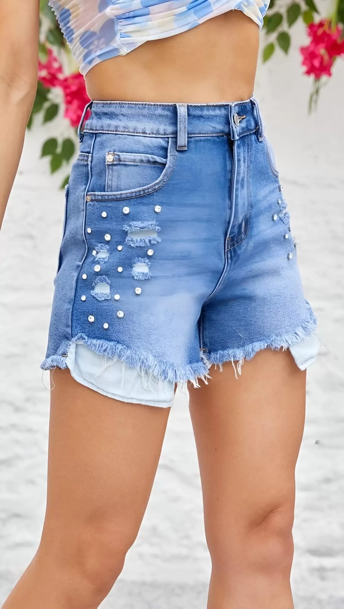 Shorts Donna Denim Tasche Bottone Cerniera Strass Casual Strappi