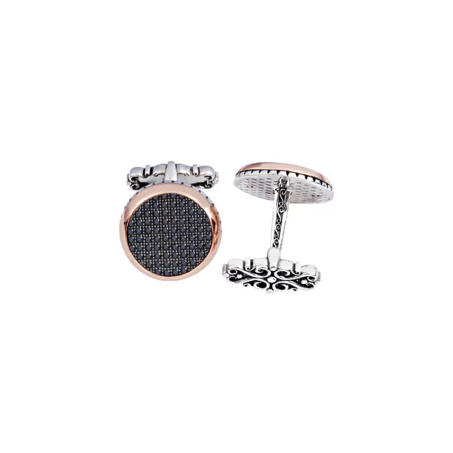 Silver Black Zircon Stone Flat Round Cufflink