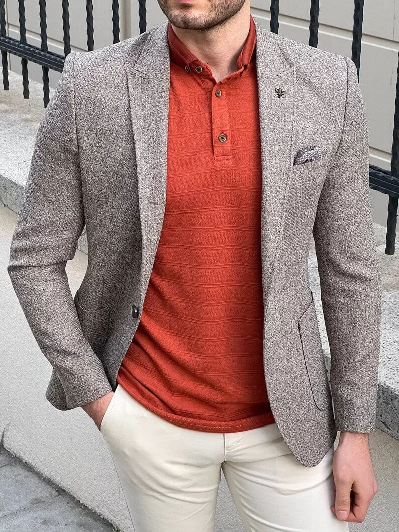 Slim Fit Knitted Textured Brown Blazer