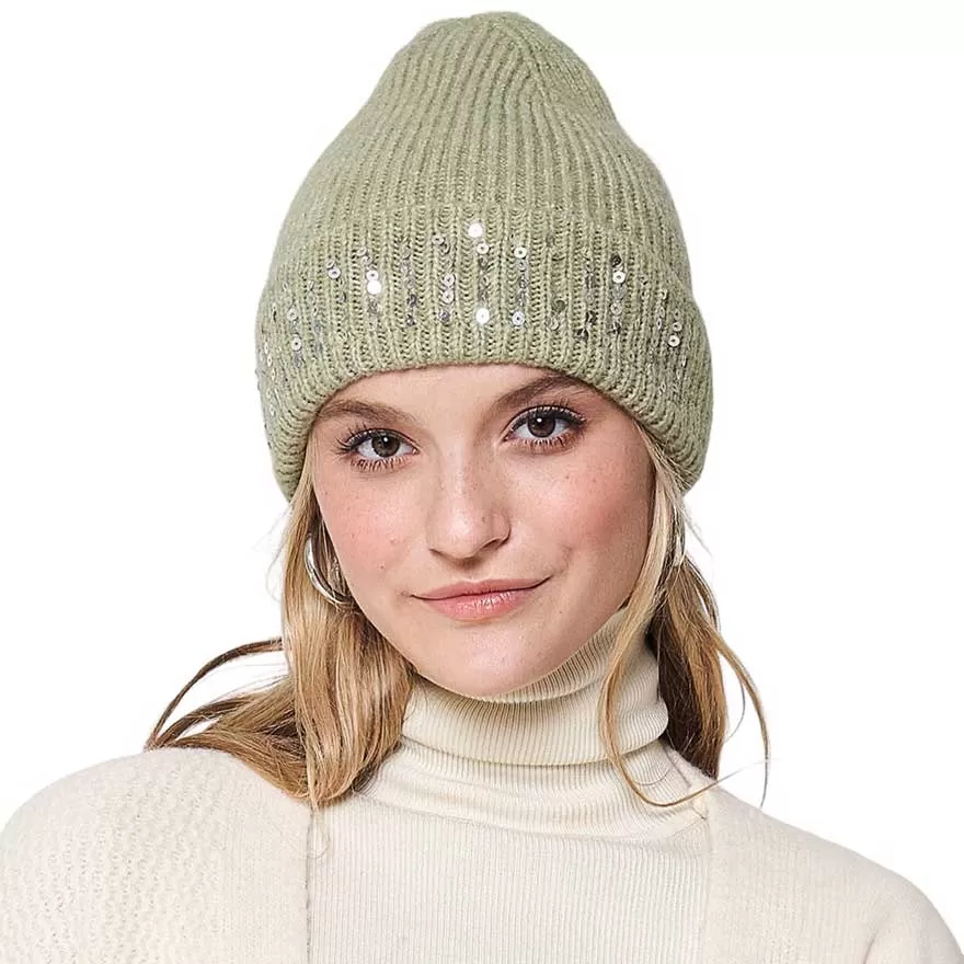 Solid Ribbed Sequin Cuff Beanie Hat