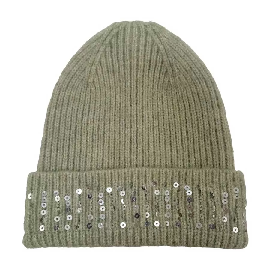 Solid Ribbed Sequin Cuff Beanie Hat