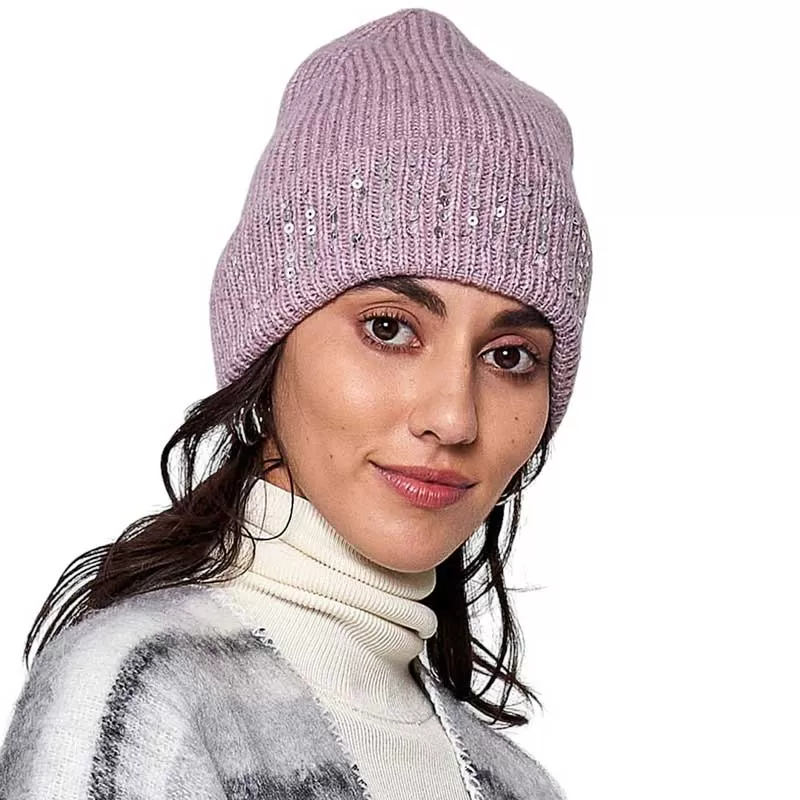 Solid Ribbed Sequin Cuff Beanie Hat