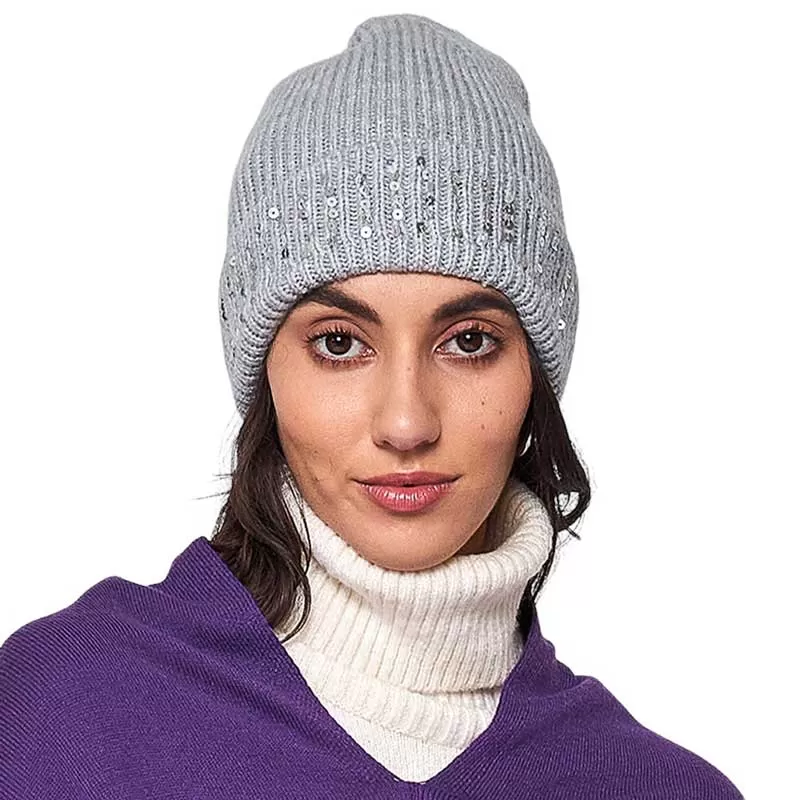 Solid Ribbed Sequin Cuff Beanie Hat