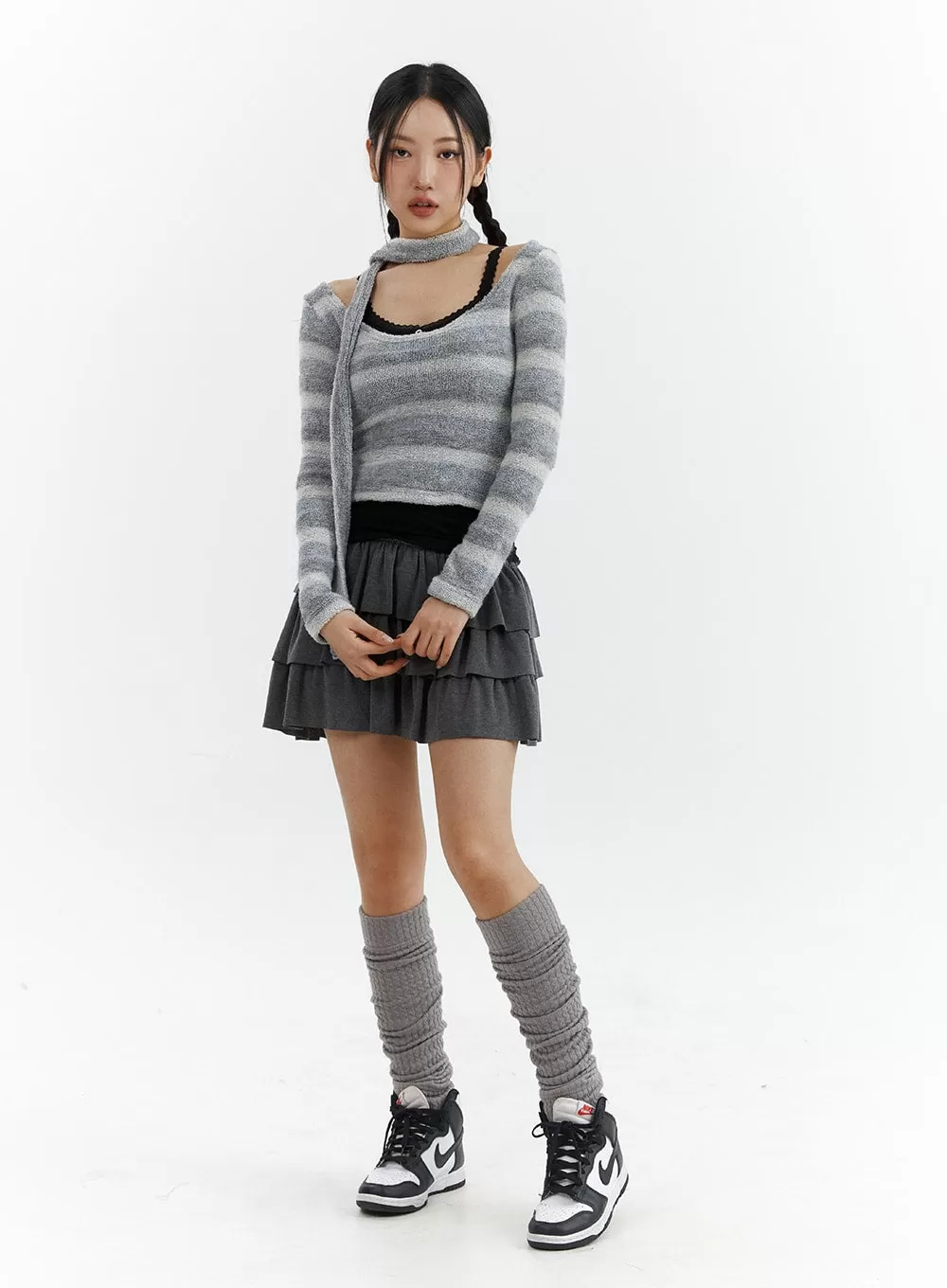 Striped U-Neck Crop Top with Scarf CJ424