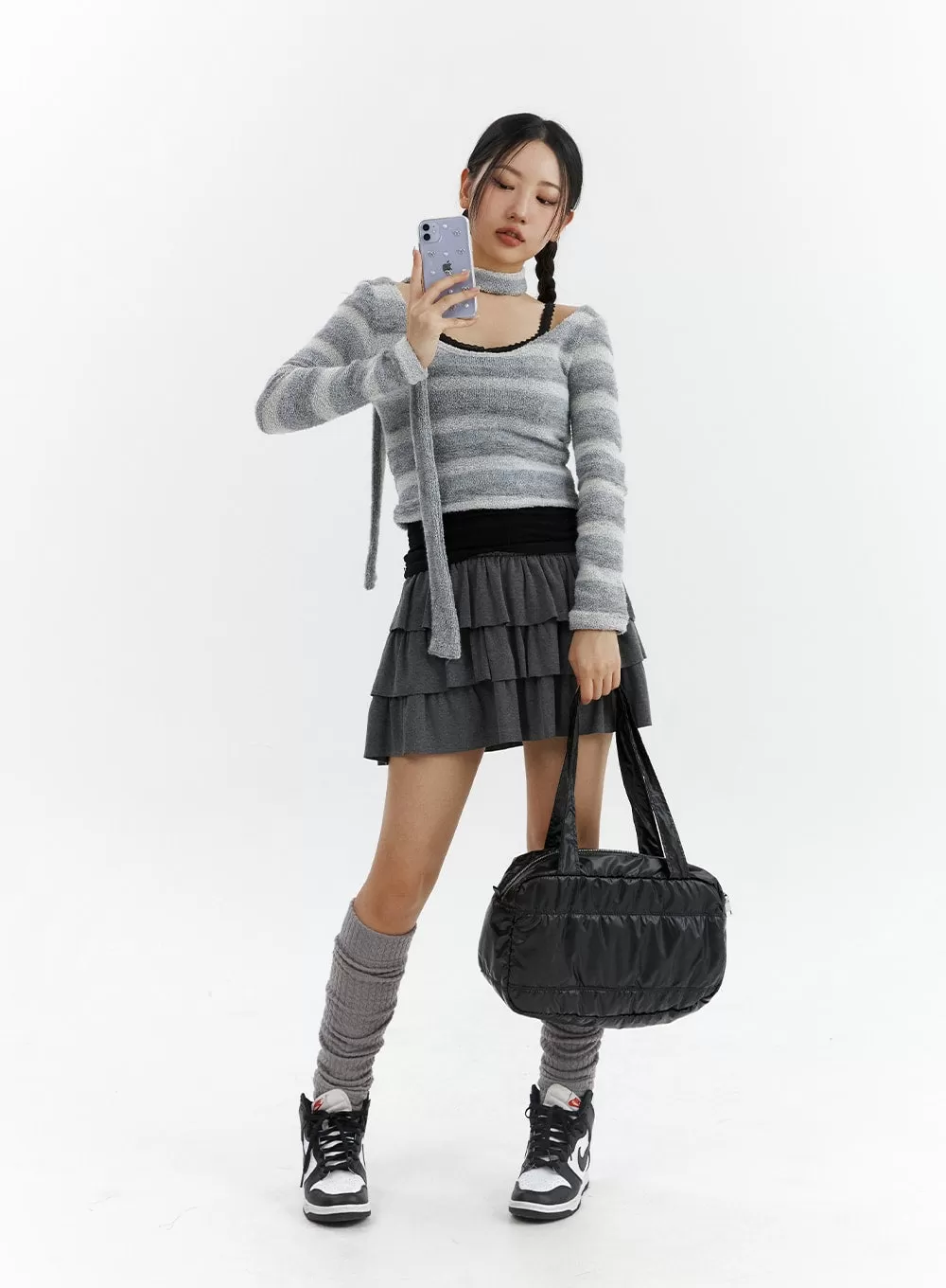 Striped U-Neck Crop Top with Scarf CJ424