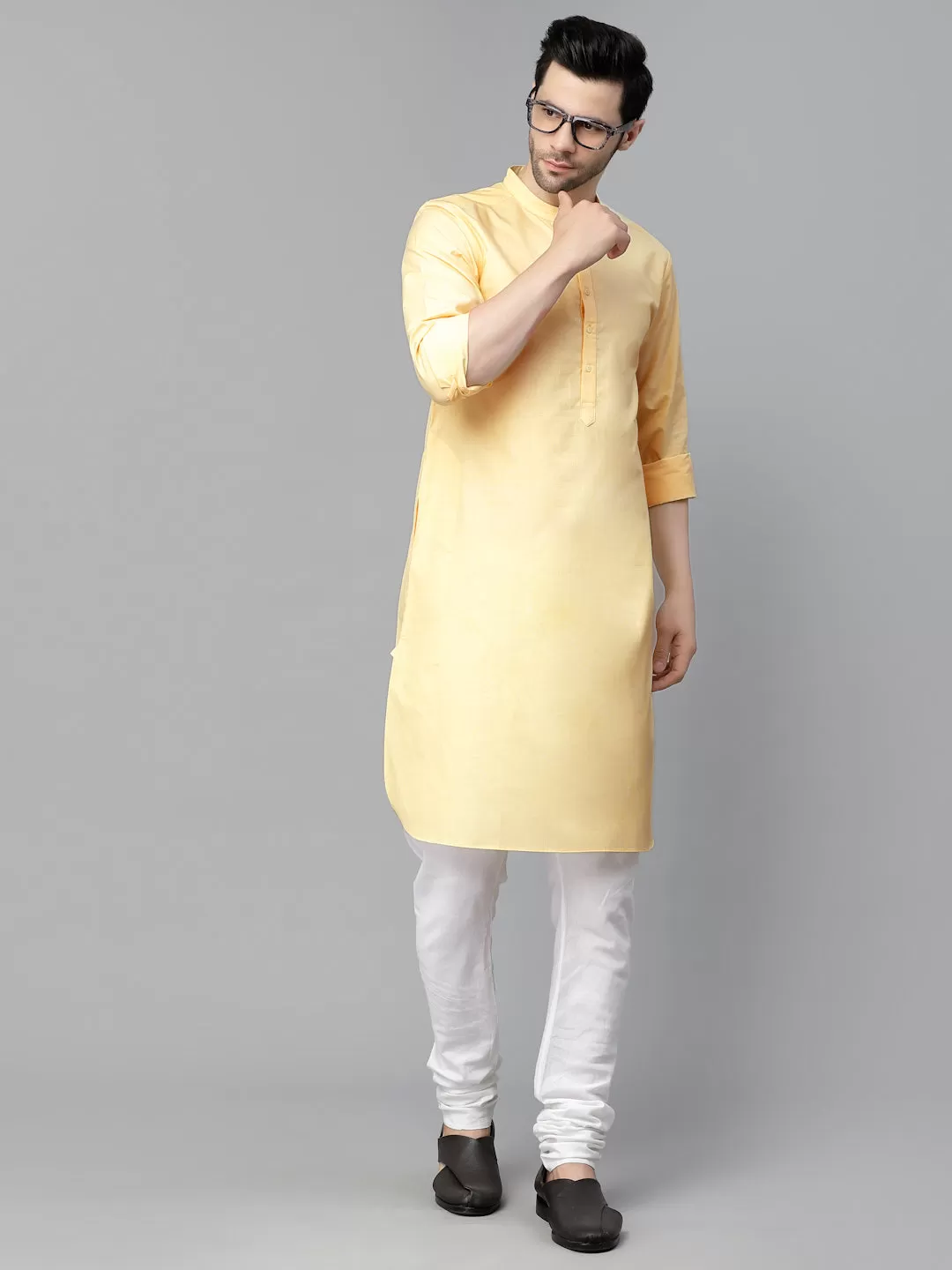 Style Quotient Mens Yellow Solid Kurtas