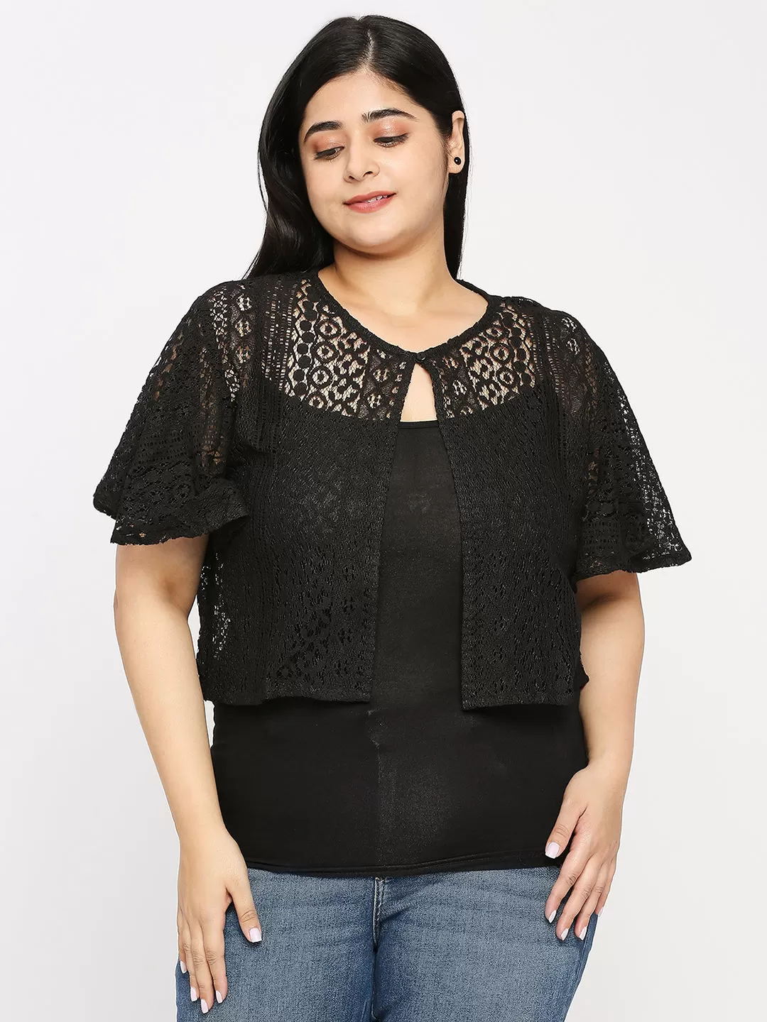 Style Quotient Plus Women Black Self Design Lace Open Front Smart Casual Shrug