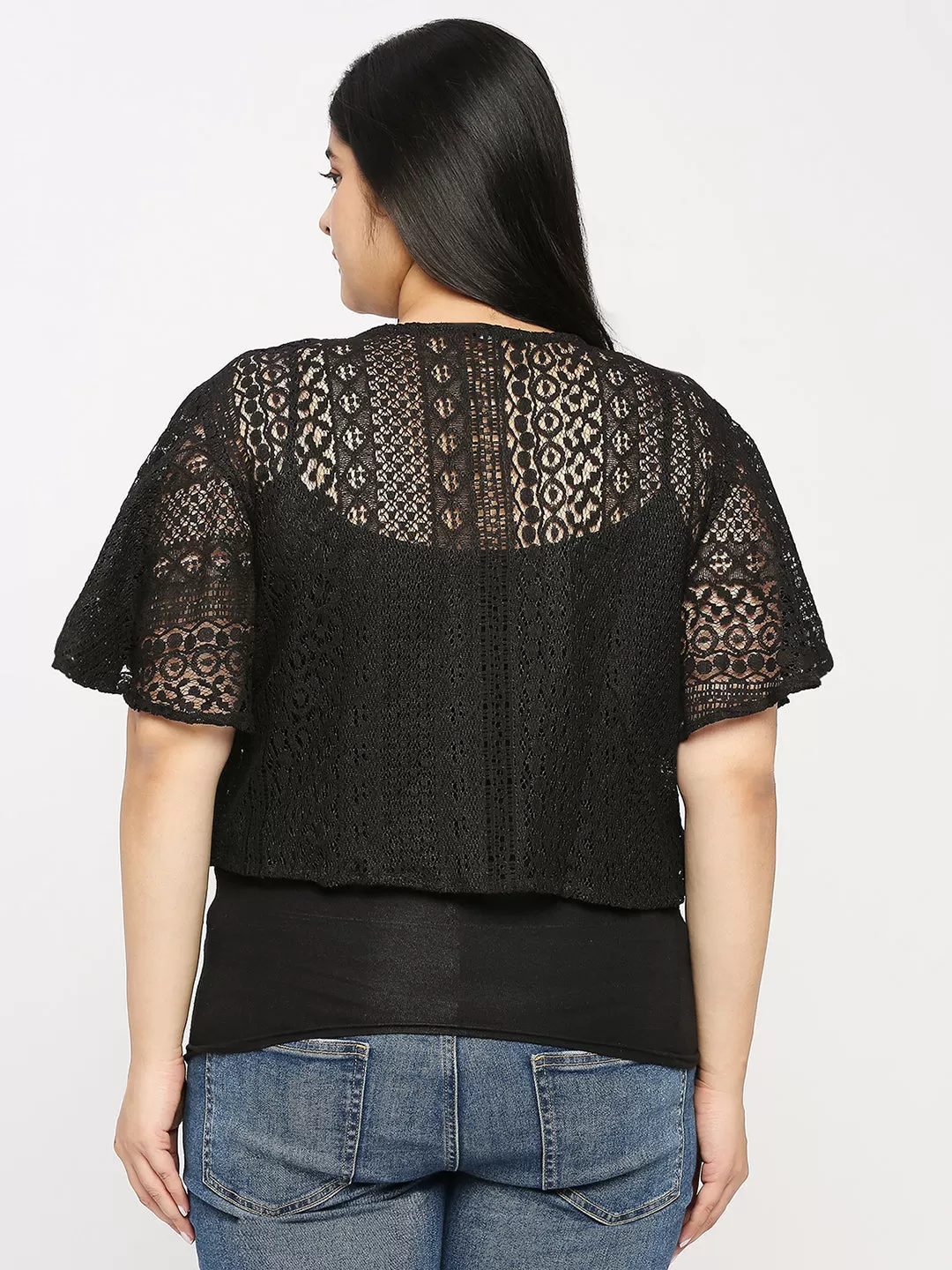 Style Quotient Plus Women Black Self Design Lace Open Front Smart Casual Shrug