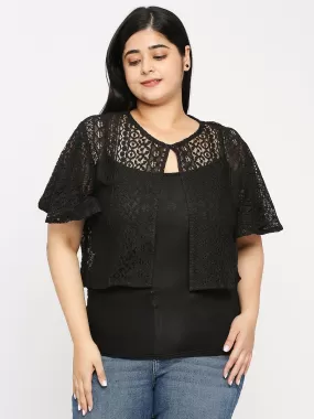 Style Quotient Plus Women Black Self Design Lace Open Front Smart Casual Shrug