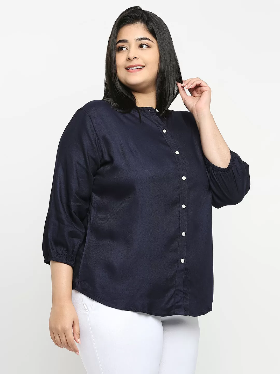 Style Quotient Plus Women Solid Navy Blue Viscose Rayon Formal Shirt