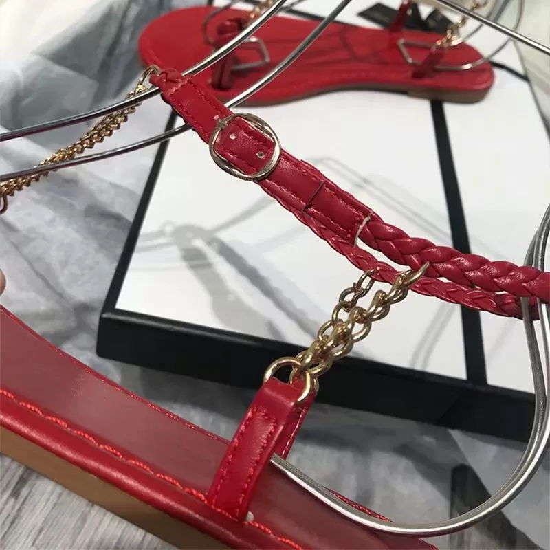 Summer Rome Sandals Flat Weave Metal Chain Design Open Toe Sexy Buckle