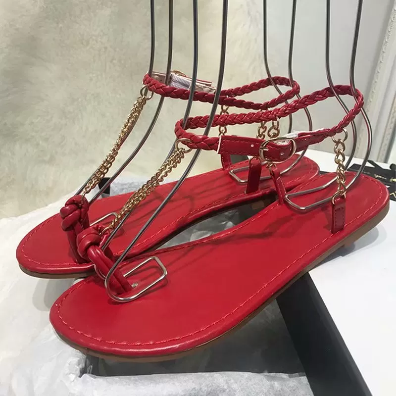 Summer Rome Sandals Flat Weave Metal Chain Design Open Toe Sexy Buckle