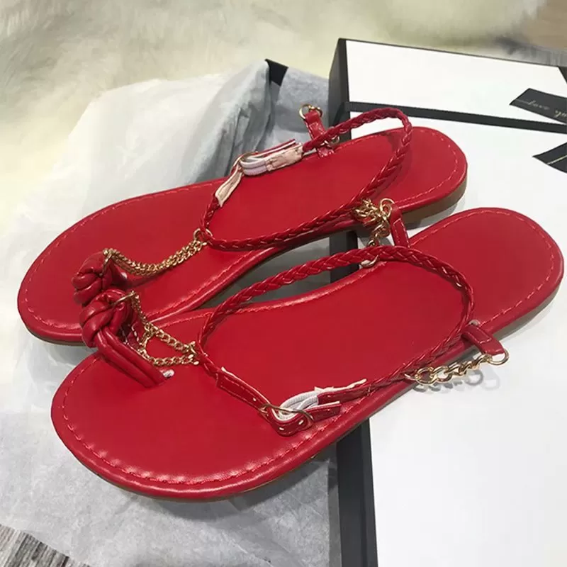 Summer Rome Sandals Flat Weave Metal Chain Design Open Toe Sexy Buckle