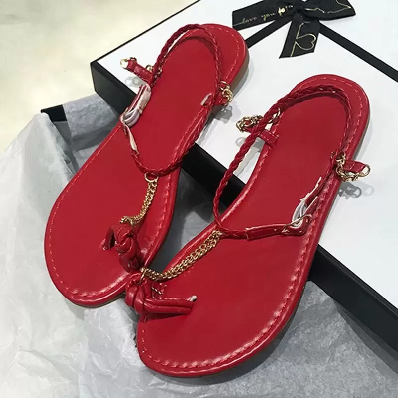 Summer Rome Sandals Flat Weave Metal Chain Design Open Toe Sexy Buckle